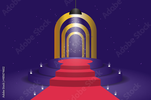 Luxurious podium on a purple podium on a purple background with golden arches in the shine of spotlights. Fashion show stage,pedestal, shopfront for display. Empty scene for product presentation.