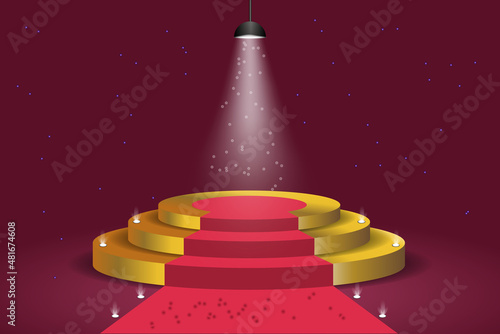 Luxurious golden podium on a red background with a red carpet in the shine of spotlights.Fashion show stage,pedestal, shopfront for display. Empty scene for product presentation.