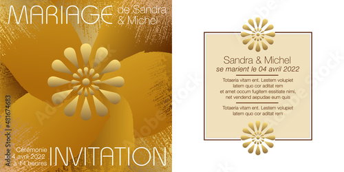 Carton d’invitation recto-verso pour un mariage, élégante, graphique avec un fond or et cuivre abstrait - texte français - traduction : mariage, invitation.