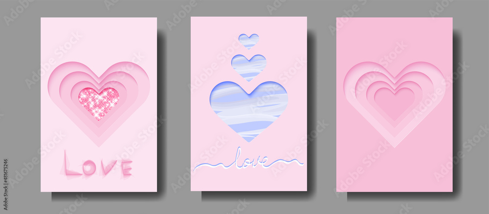 Set of Greeting cards for Valentines Day. Vector illustration for design greeting cards, wedding invitations, party design.