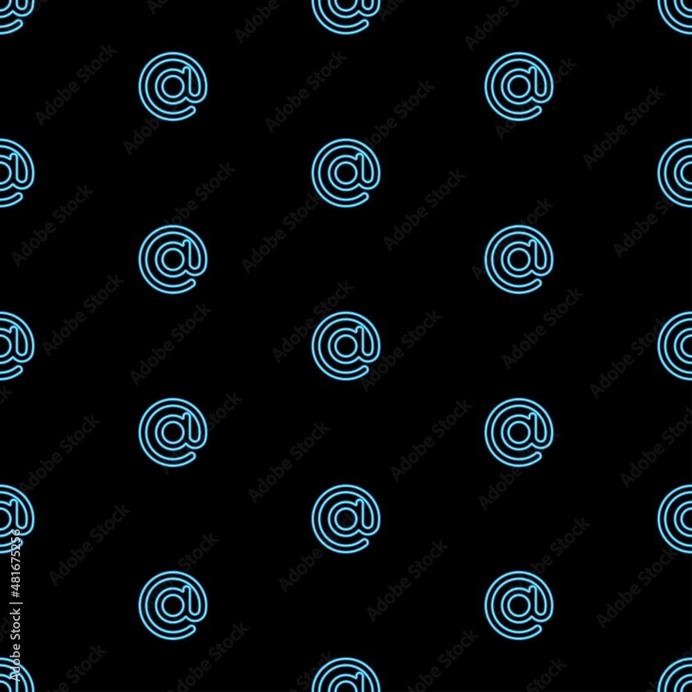 at sign seamless pattern, bright vector illustration on black background.