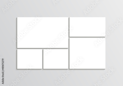 Photo collage template. Moodboard. Mood board background. Mosaic pictures frame. Gallery banner. Minimalist scrapbook layout. Album brandboard. Portfolio images isolated. Vector illustration