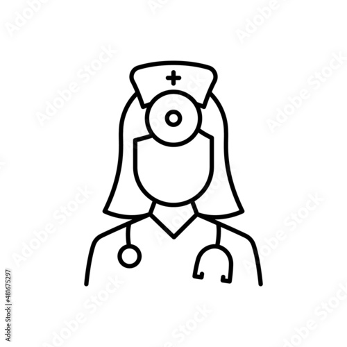 Otolaryngologist Doctor Line Icon. Otolaryngology Medic Staff with Stethoscope, Mirror Linear Pictogram. Ear, Nose, Throat Doctor Outline Icon. Editable Stroke. Isolated Vector Illustration