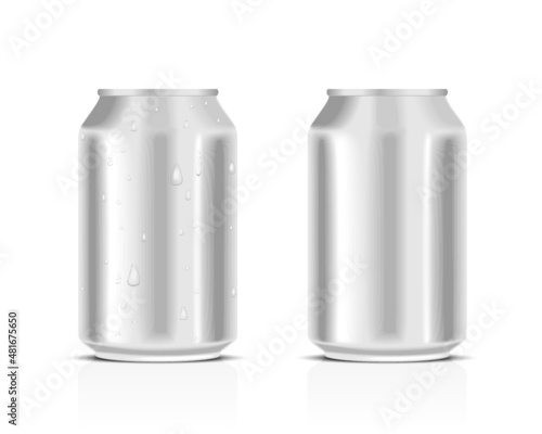 White metal cans with water drops isolated on a white background