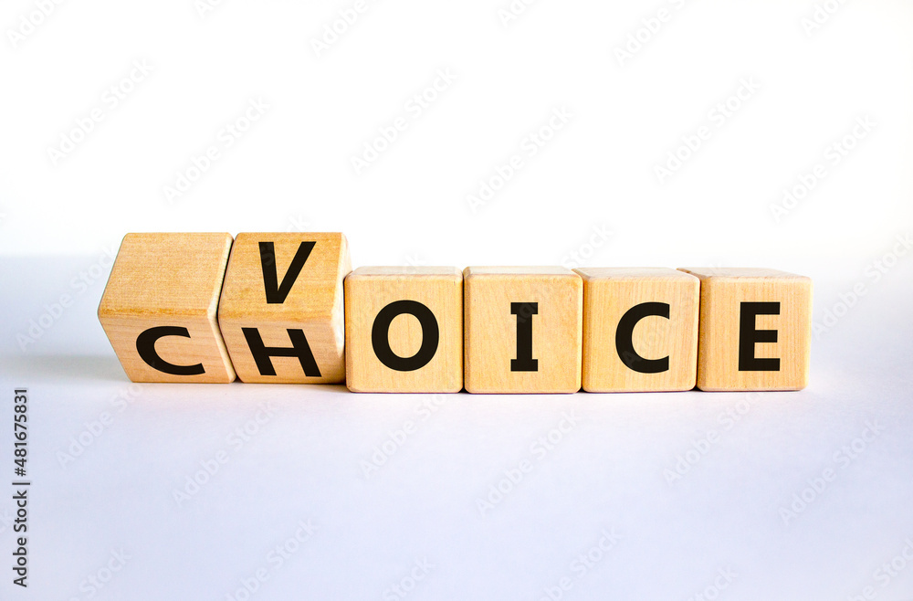 Voice and choice symbol. Turned wooden cubes and changed the concept word choice to voice. Beautiful white table, white background, copy space. Business and voice and choice concept. Voice and choice symbol. Turned wooden cubes and changed the concept word choice to voice. Beautiful white table, white background, copy space. Business and voice and choice concept.