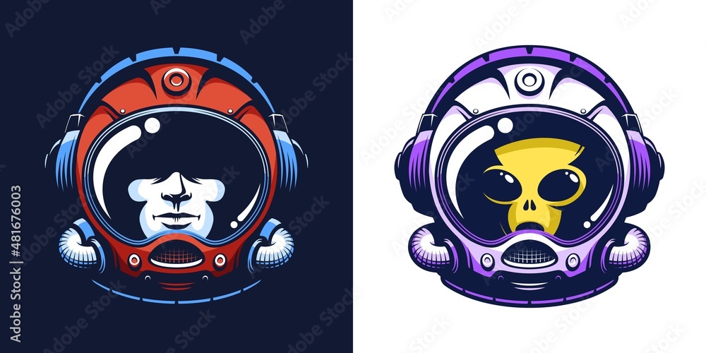 Cosmonaut space helmet with headphones. Space retro emblem with astronaut head. Alien in spacesuit mask. Vector illustration.