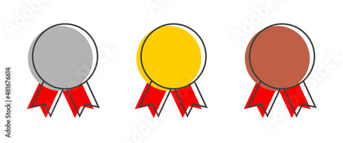 Vector linear icon medals with red ribbon. Silver, gold and bronze medal.