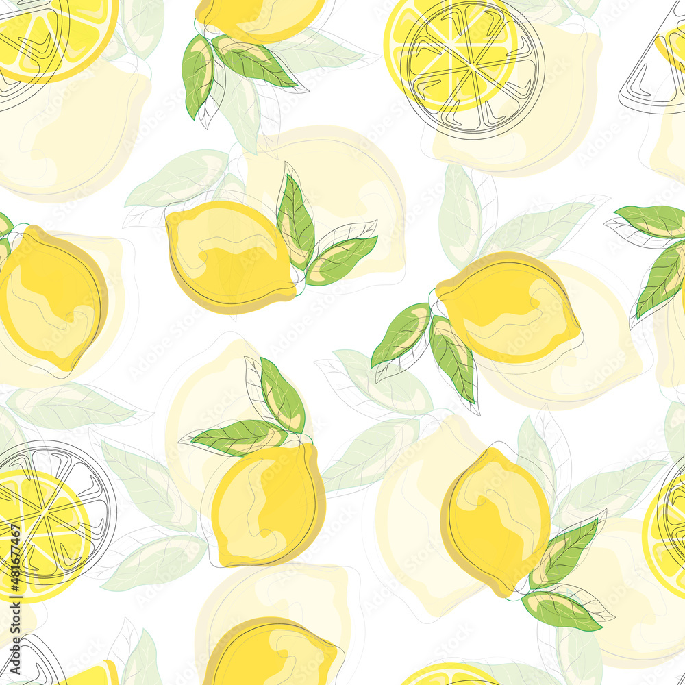 Seamless pattern with hand drawn lemons. Citrus fruits on a transparent background. Background for textiles, kitchen utensils and wrapping paper, background for site