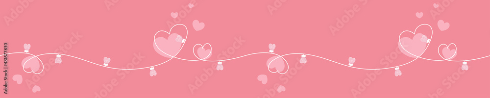 Happy Valentines Day. One line. Double hearts. Glowing lamp light bulb. Continuous line art. Decoration element. Love word sign symbol. White background.