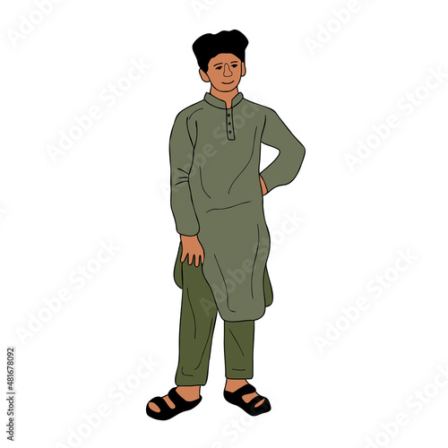 Pakistani young man wearing the shalwar kameez, boy in traditional muslim cloth in free pose