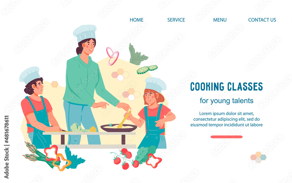 Kids cooking class and culinary lesson web banner template, flat illustration. Website for culinary party or class with woman teacher and children learning to cook.