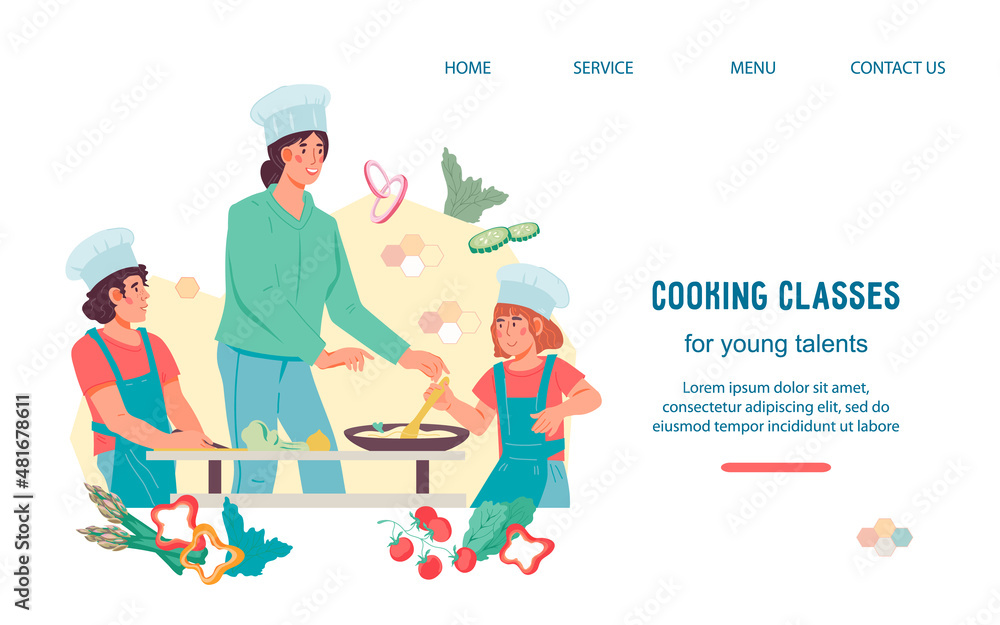 Kids cooking class and culinary lesson web banner template, flat illustration. Website for culinary party or class with woman teacher and children learning to cook. Kids cooking class and culinary lesson web banner template, flat illustration. Website for culinary party or class with woman teacher and children learning to cook.
