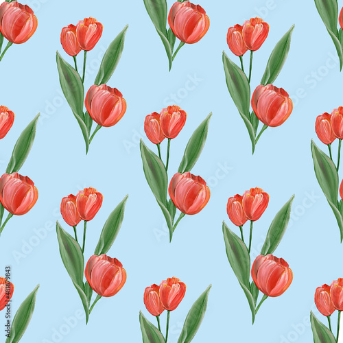 Beautiful botanical seamless pattern with red tulip flowers on a blue background. Watercolor illustration. For textiles  postcards  packaging.