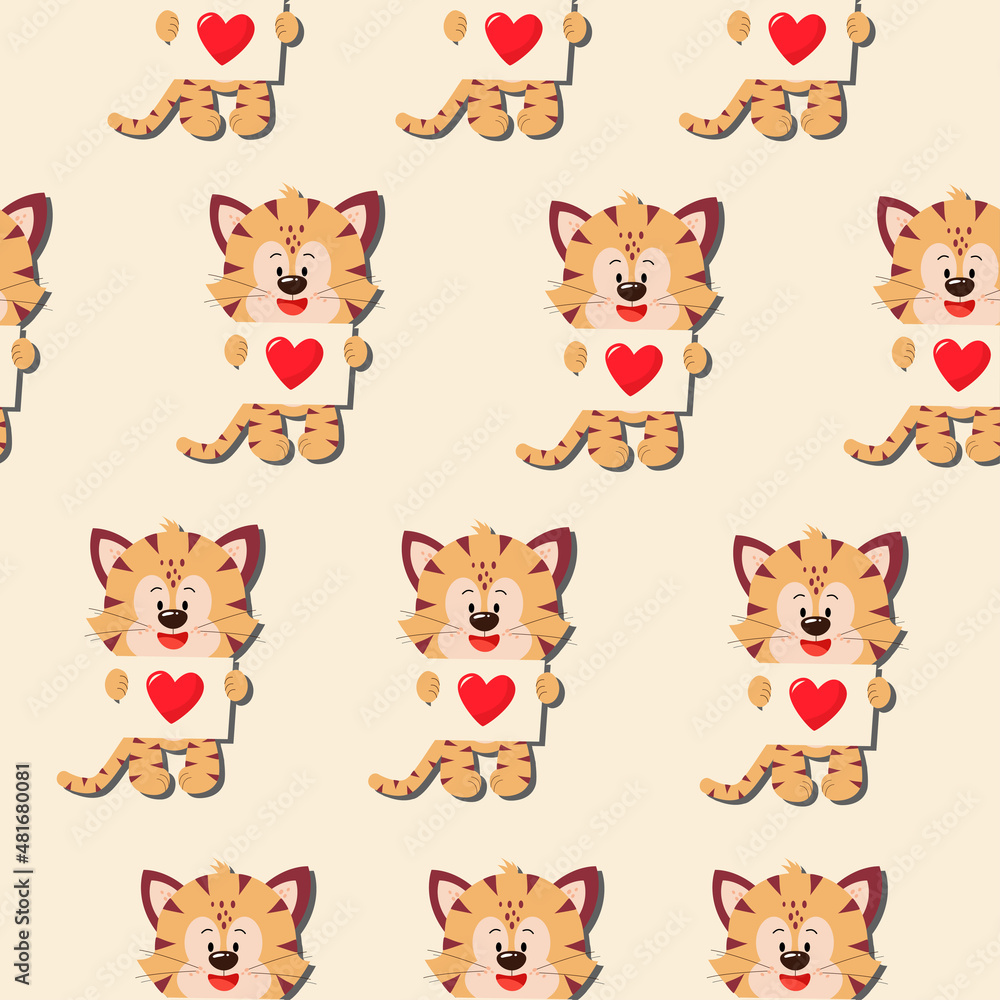 A tiger cub with a postcard and a heart. Vector pattern in a flat style.