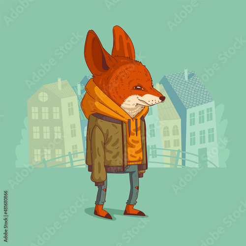 A hipster fox. Vector illustration. Cartoon anthropomorphic fox. Calm humanized fennec wearing a hoody and oversize jacket standing against buildings' silhouettes. Animal character with human body