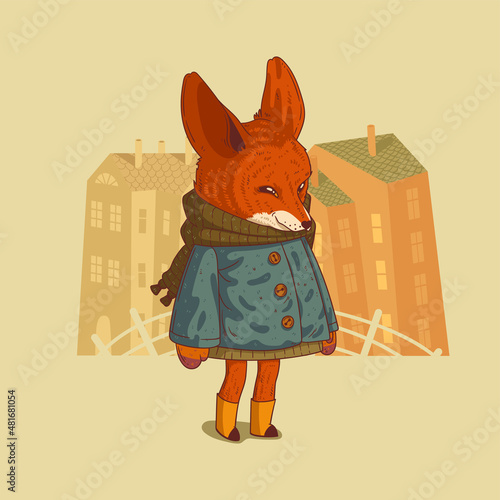 A hipster-girl fox. Vector illustration. Cartoon anthropomorphic fox. Cute humanized warm dressed fennec girl standing against buildings' silhouettes with glad face. Animal character with human body