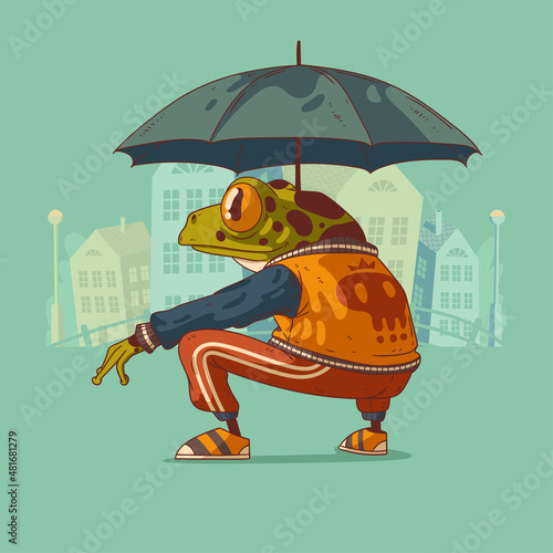 Thug frog with umbrella, vector illustration. Back view of cool trendy dressed anthropomorphic frog, sitting gravely under umbrella on his haunches. Animal character with human body. Furry.