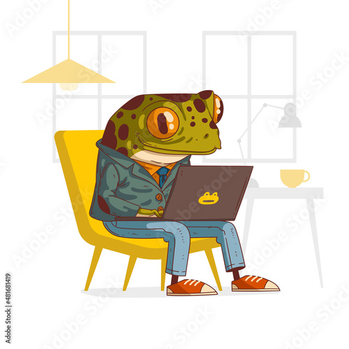 Office employee frog at work, vector illustration. Calm trendy dressed anthropomorphic frog, sitting on office chair working on laptop. Animal character with human body. Furry.