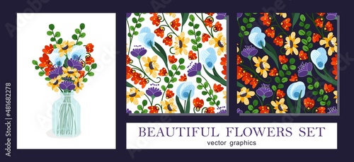 Cute bouquet of flowers in a vase. Bright simple graphics in a cartoon style. Floral set of bouquet and seamless patterns. Vector template