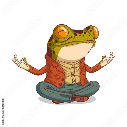 Zen frog, isolated vector illustration. Meditating humanized frog. Trendy dressed anthropomorphic frog, practicing yoga, sitting in lotus position. Animal character with human body. Furry.