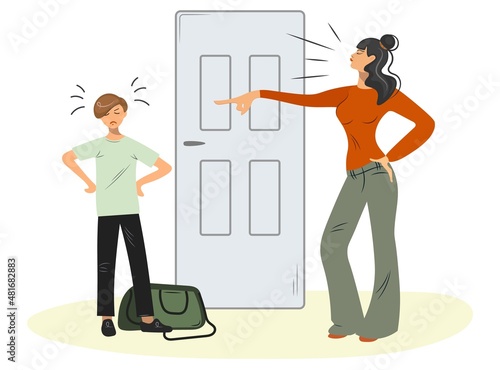 Conflict between mother and teenage son. Discord in the family. The mother scolds her son, blaming him. Wrong upbringing. The concept of family conflicts, problems of adolescence. Vector flat style.