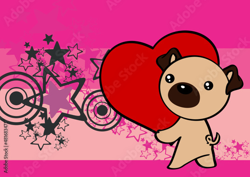 kawaii valentine pug dog cartoon character holding red heart background illustration in vector format