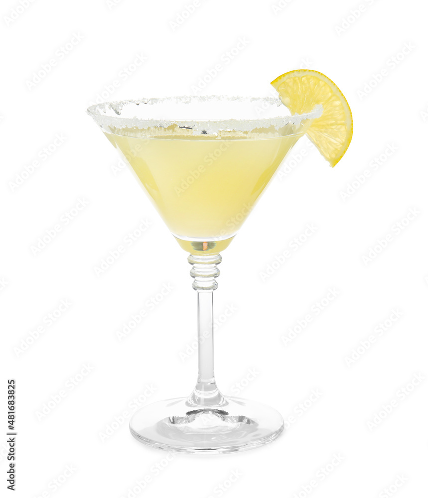 Glass of delicious bee's knees cocktail with sugar rim and lemon isolated on white