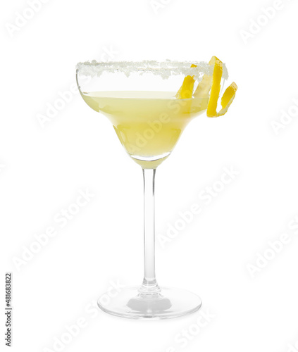 Glass of delicious bee's knees cocktail with sugar rim and lemon twist isolated on white