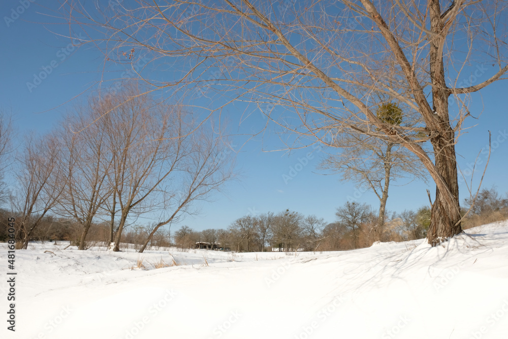 Texas landscape during winter with snow in rural environment on sunny day. Texas landscape during winter with snow in rural environment on sunny day.