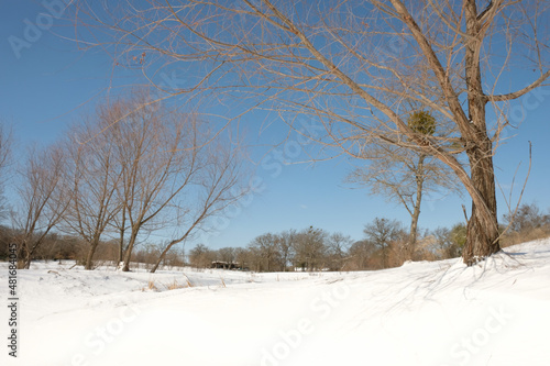 Texas landscape during winter with snow in rural environment on sunny day.