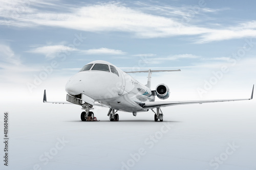 Modern executive business jet isolated on bright background with sky