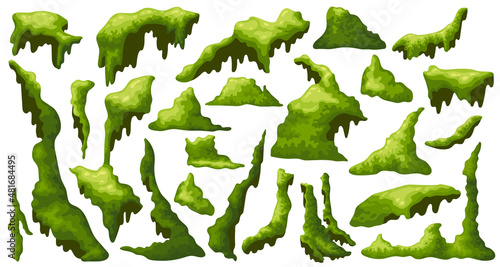 Swamp moss, forest lichen. Marsh plants for computer games isolated on white background. Vector cartoon illustration.