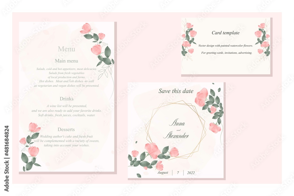 A set of templates for a wedding invitation, save the date, RSVP, congratulations. Vector postcards cards with flowers and greenery in watercolor style. A set of templates for a wedding invitation, save the date, RSVP, congratulations. Vector postcards cards with flowers and greenery in watercolor style.