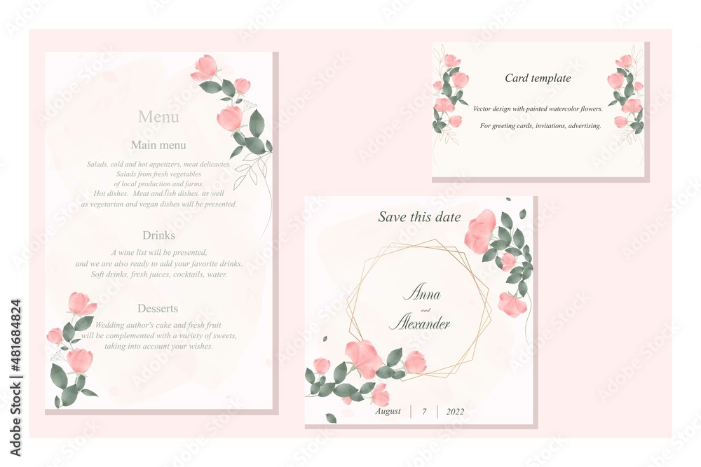 A set of templates for a wedding invitation, save the date, RSVP, congratulations. Vector postcards cards with flowers and greenery in watercolor style.