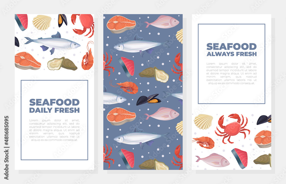 Fresh seafood vertical banners set. Restaurant or fish market advertising, poster, card, packaging design vector illustration