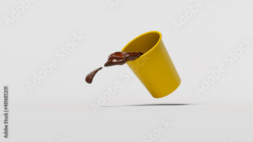 splash of sofa in falling yellow cup, sloshing out of cup, white background, source or template, motion moment, 3d rendering