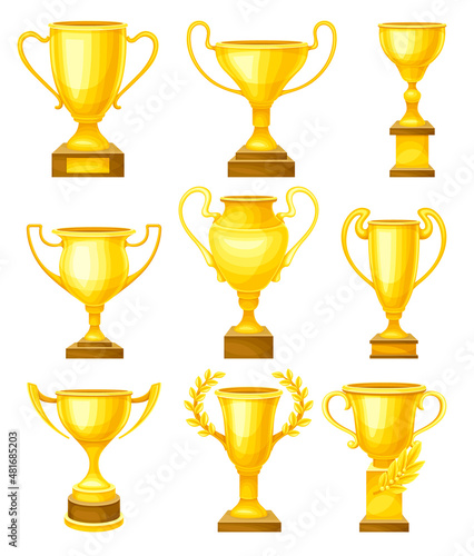 Gold champion cups set. Shiny golden trophy goblet. Winner prize vector illustration
