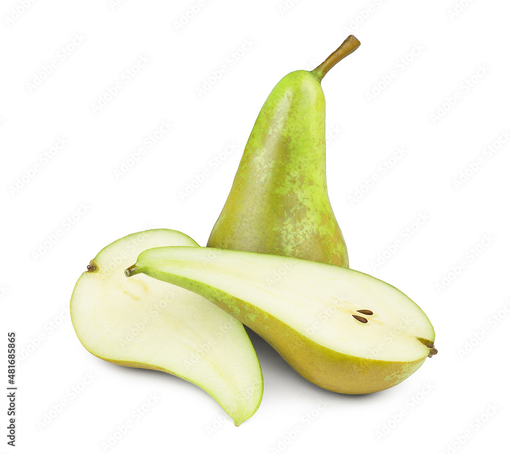 Isolated pears. Pears Conference and pear halves isolated on white background. Isolated pears. Pears Conference and pear halves isolated on white background.
