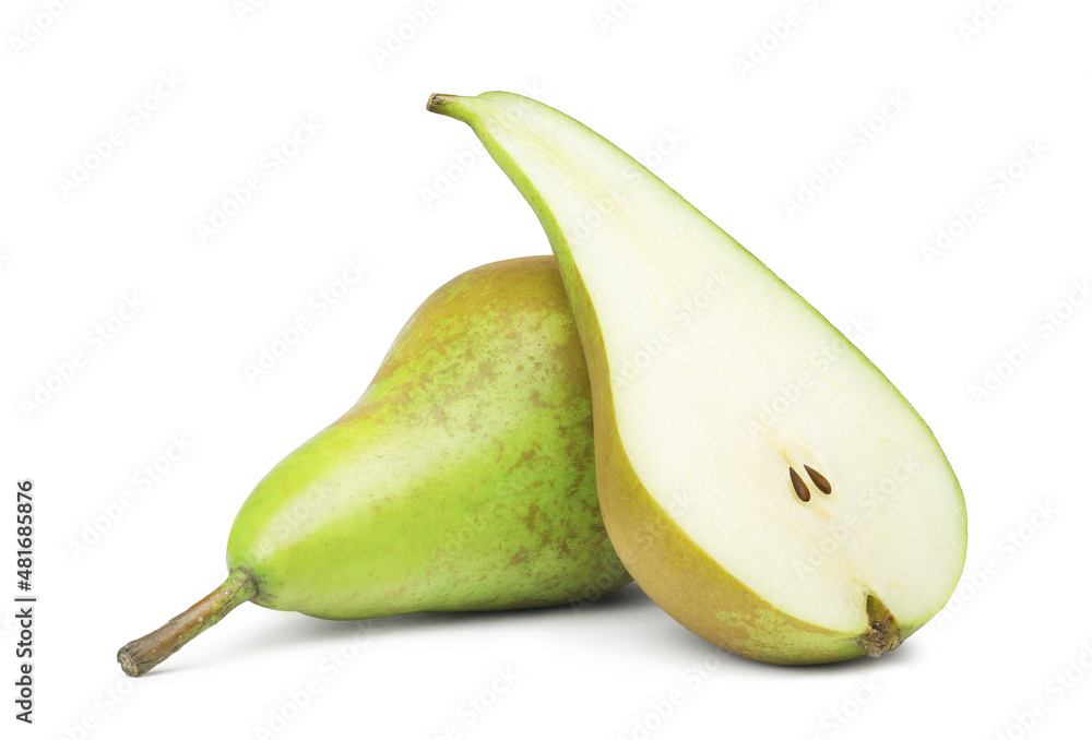 Isolated pears. Pears Conference and pear halves isolated on white background. Isolated pears. Pears Conference and pear halves isolated on white background.
