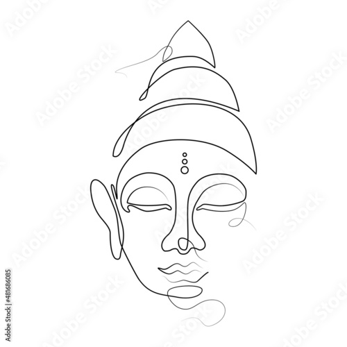 One line art silhouette of head buddha isolated on white background for logo, greeting cards, business card