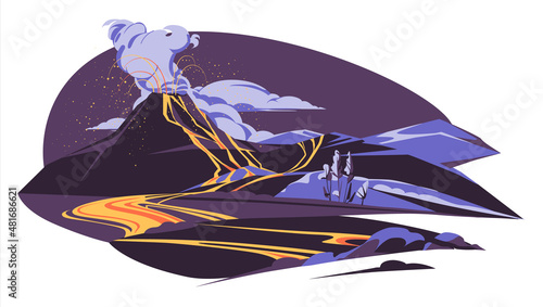 Volcanic eruption of orange lava flows down the slope. disaster. Large cloud over the crater. Flat vector illustration.