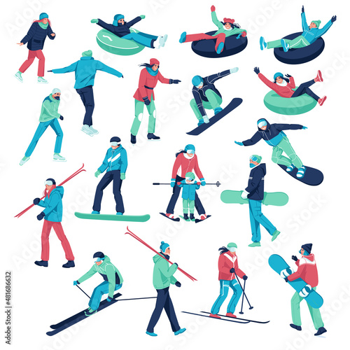 A large set of different characters dressed in winter clothes for snowboarding and skiing. Men's and women's ski snowboards, tubing and ice skating. Winter sports. 