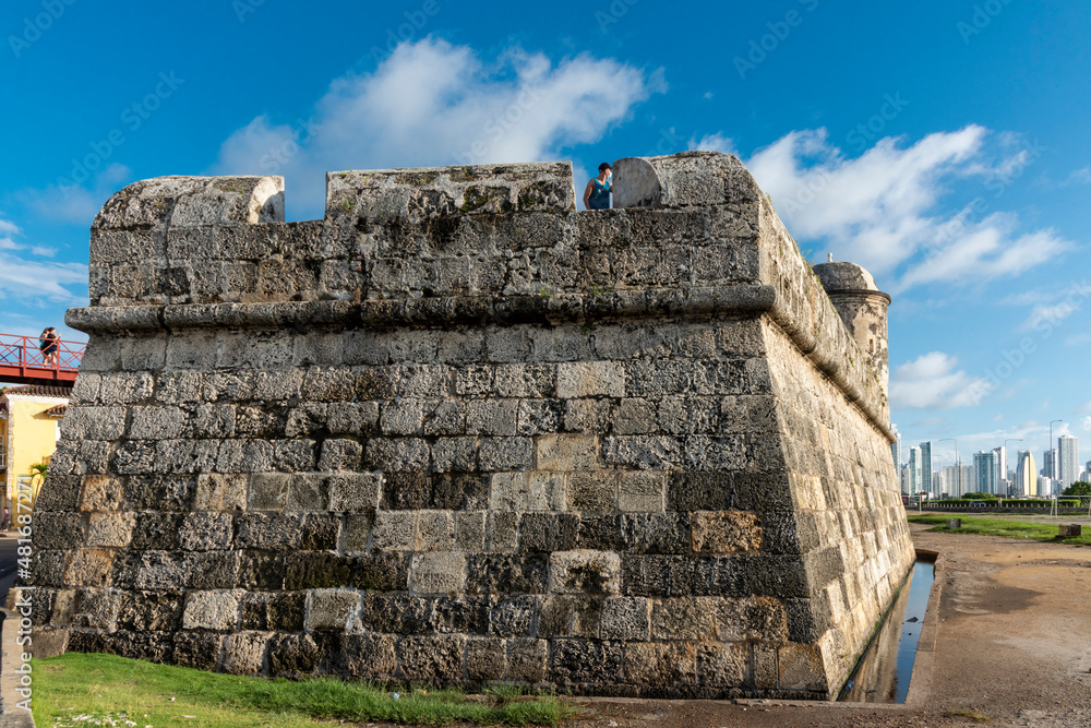 Cartagena,Bolivar, Colombia.November 3, 2021: Fortification in the walled city with blue sky.