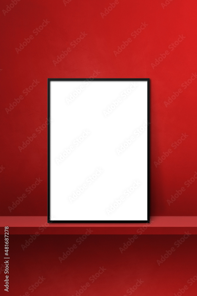 Black picture frame leaning on a red shelf. 3d illustration. Vertical background Black picture frame leaning on a red shelf. 3d illustration. Vertical background