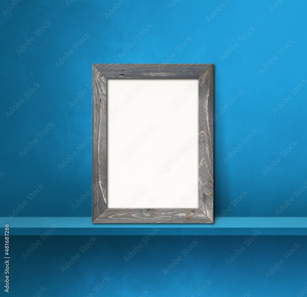 Wooden picture frame leaning on a blue shelf. 3d illustration. Square background Wooden picture frame leaning on a blue shelf. 3d illustration. Square background