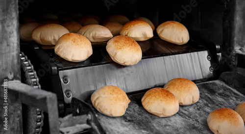 Egypt traditional pita bread in oven conveyor Industry