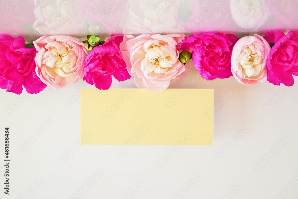 Obraz premium 一列に並んだ赤とピンク色のカーネーションの花を添えた何も書かれていないのカードのモックアップ