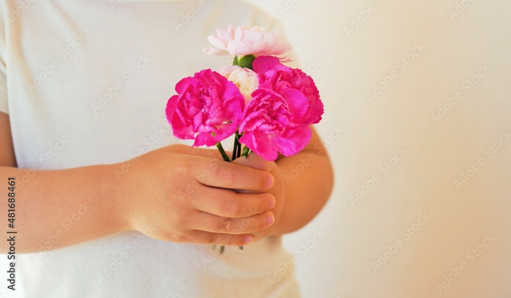 赤とピンクのカーネーションの花束を持つ子どもの手元