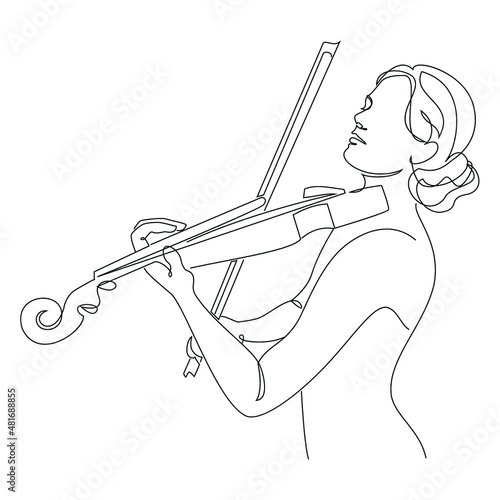 Silhouette of a beautiful woman with a violin in a modern continuous line style. Violinist girl, slender. Continuous line drawing, decor aesthetic outline, posters, stickers, logo. Vector illustration