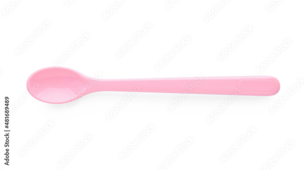 Plastic spoon isolated on white, top view. Serving baby food Plastic spoon isolated on white, top view. Serving baby food